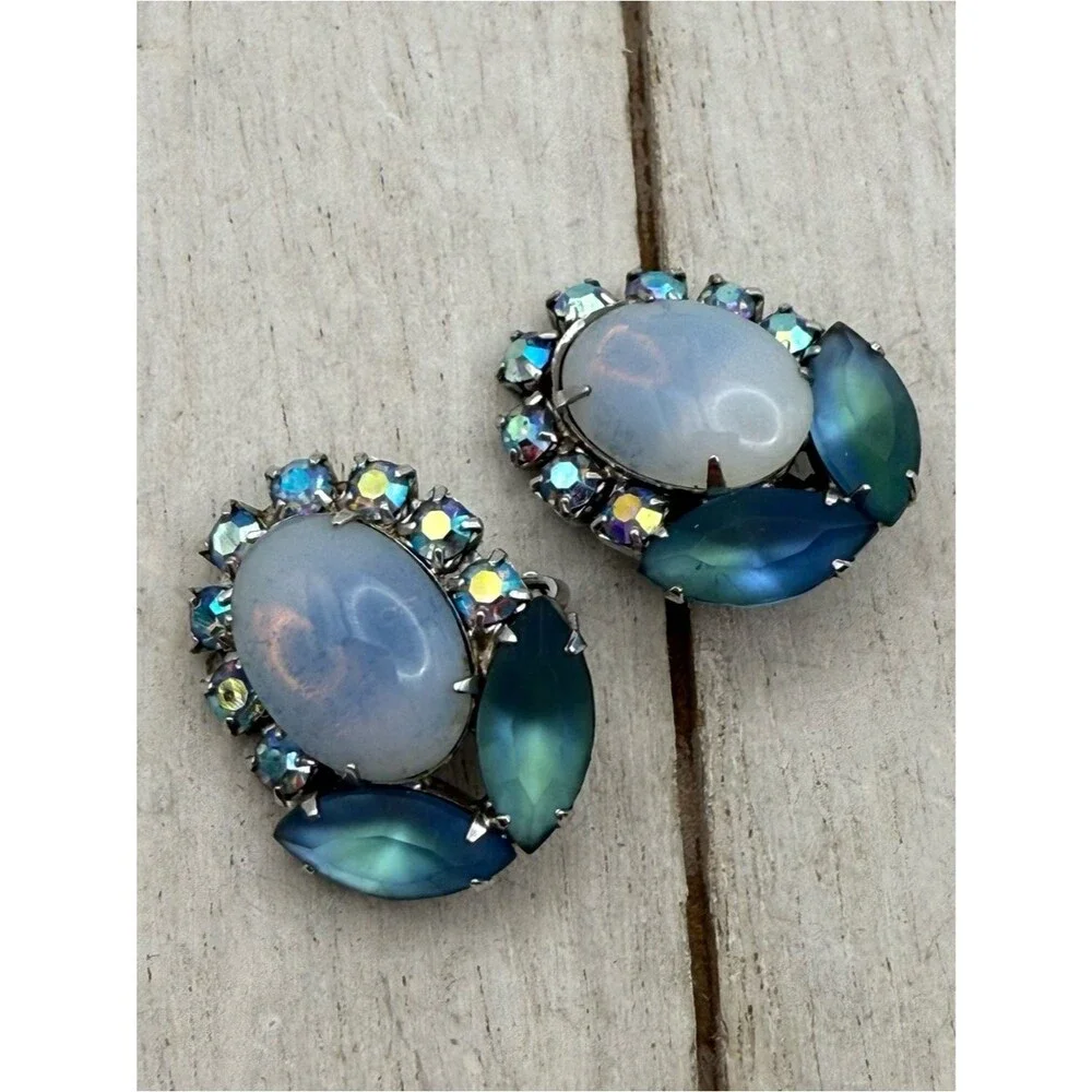 Vintage 1989s Opalescent Blue-Green Crystal Clip-On Earrings